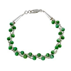 Braided Green Cat's Eye Bracelet | Sterling Liquid Silver 925 | 7"